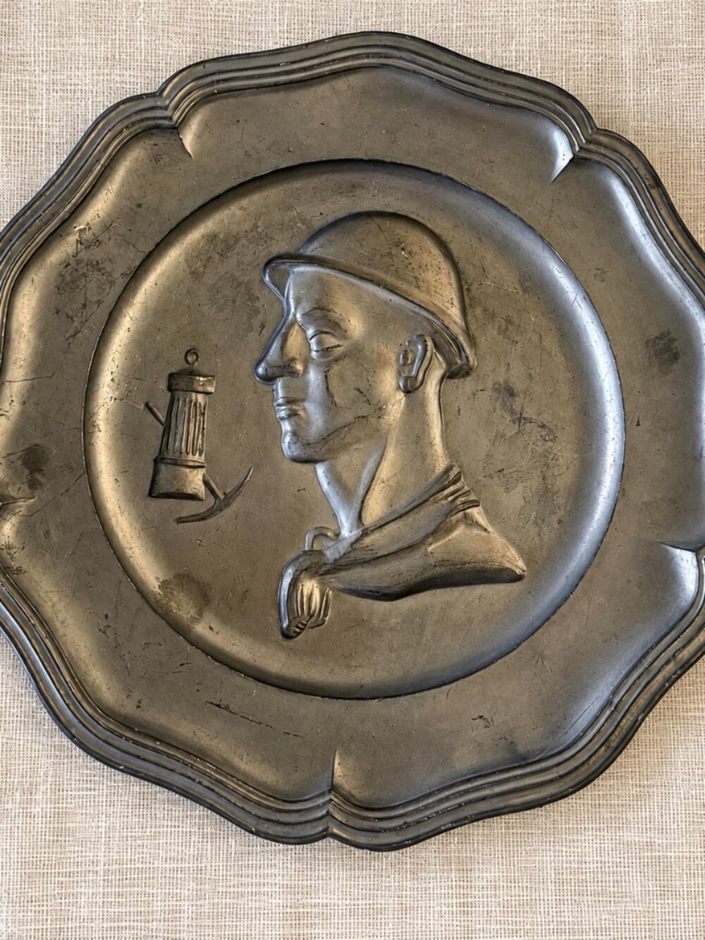 Antique Pewter Miner Relief Plaque – 9" – Mining Theme – Heavy Wall Decor